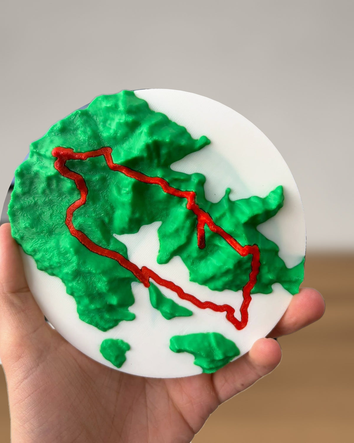 A hand holding the 3D printed terrain disc, showing the raised ridges and red route