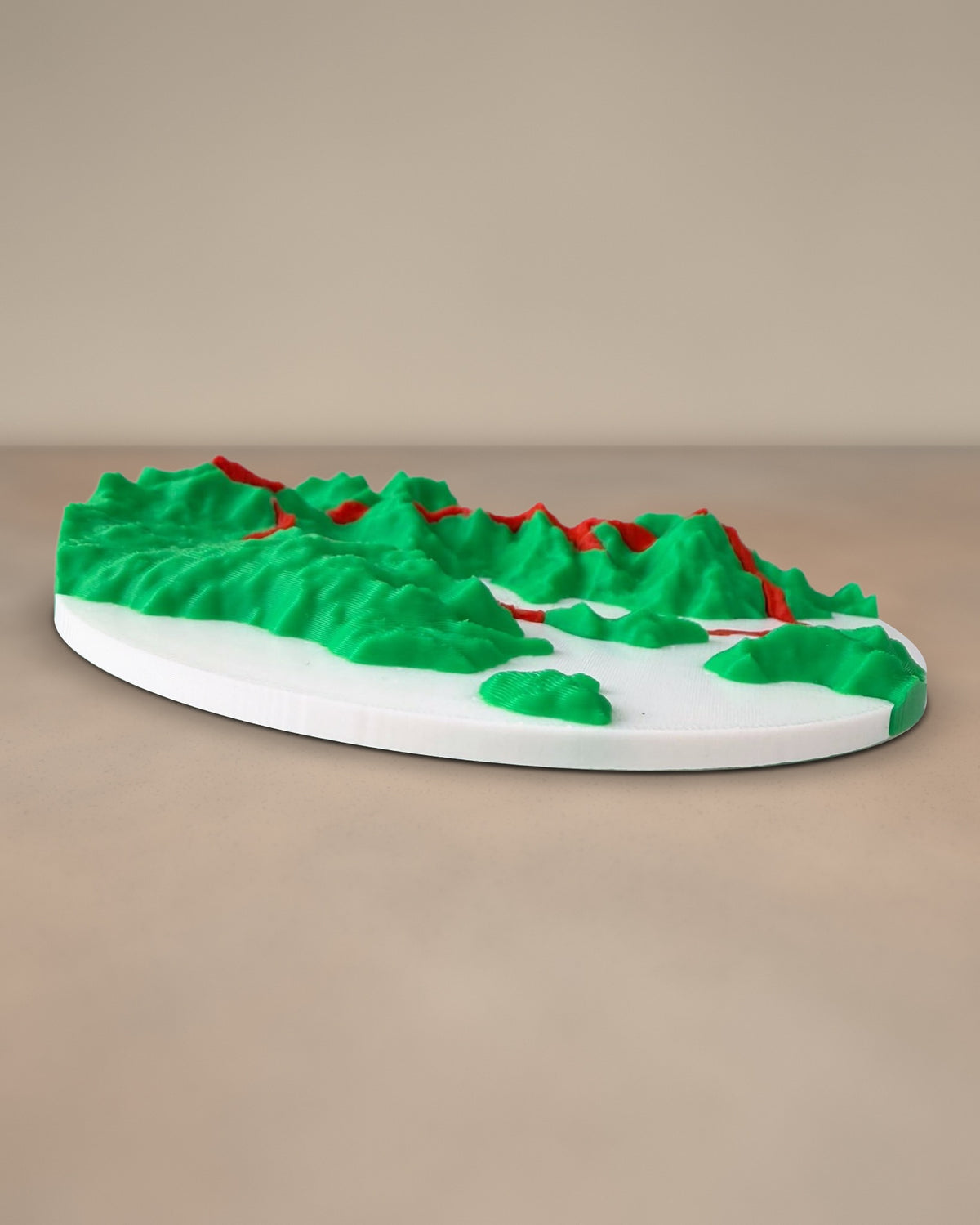 Low angle across the terrain disc showing the height of the printed ridges