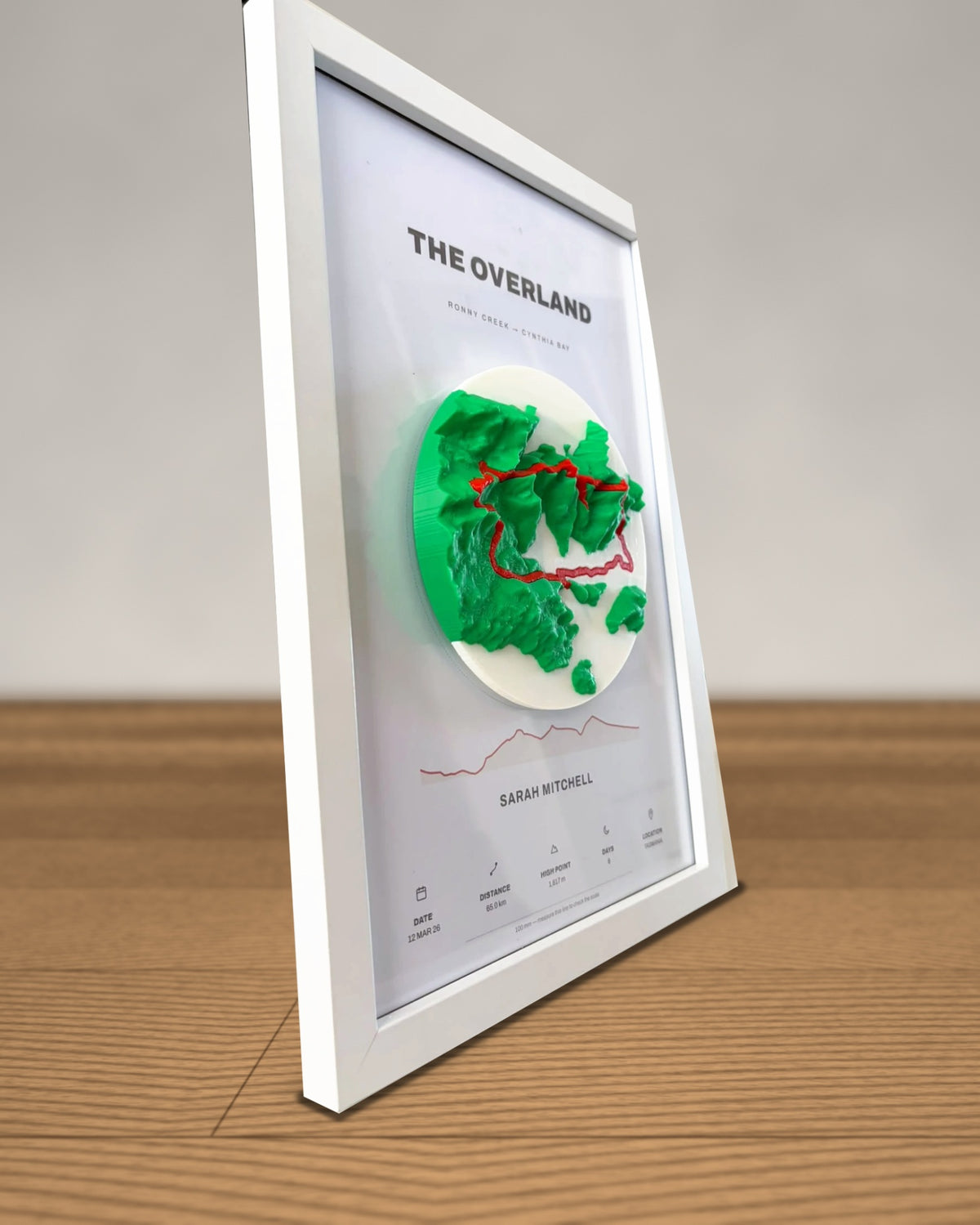 Side view: the terrain disc stands proud of the framed sheet on its magnetic mount, easel stand behind