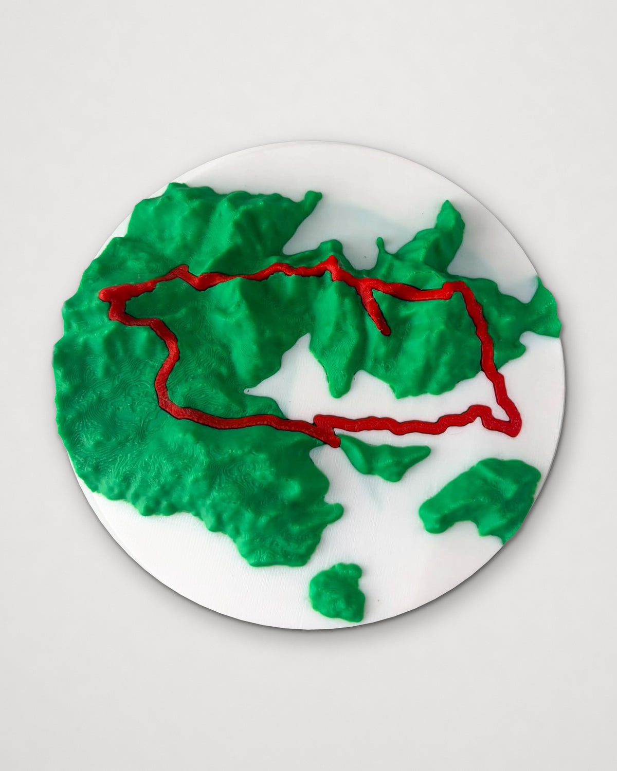 Top-down view of the 3D printed terrain disc: green terrain on a white base with the route raised in red