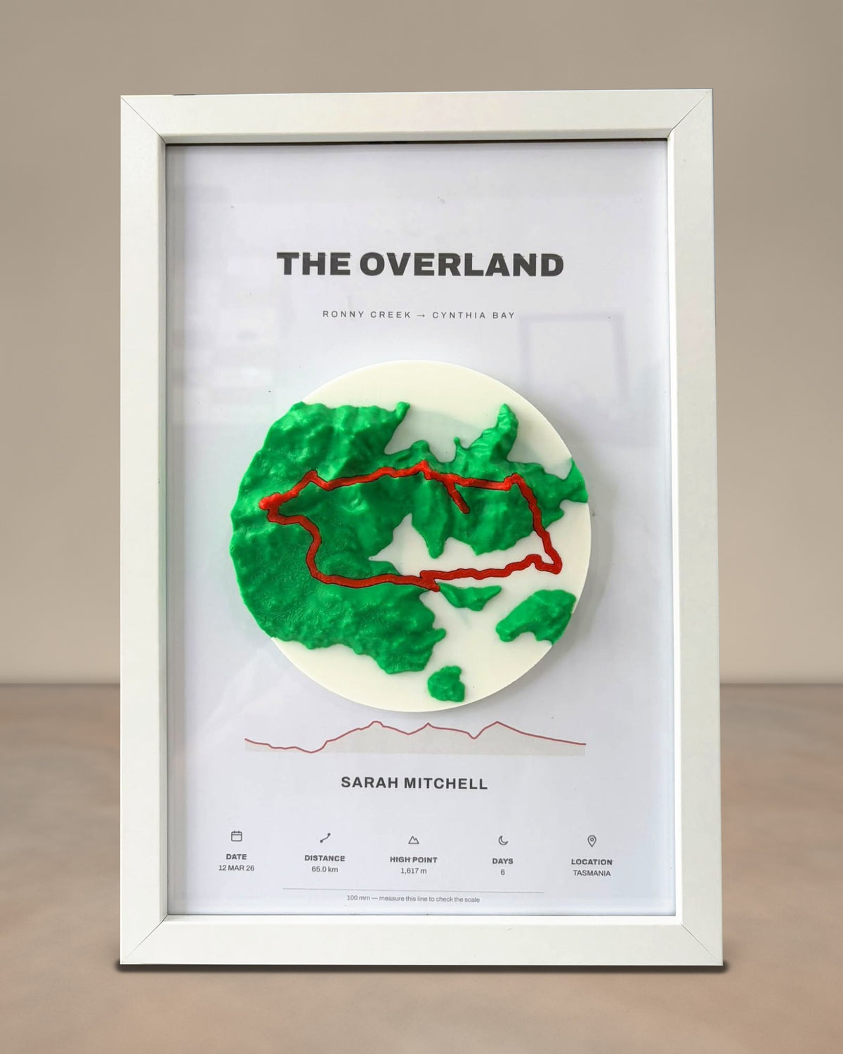 Framed Overland sample sheet with the 3D terrain disc on its mount, title, elevation profile and stats