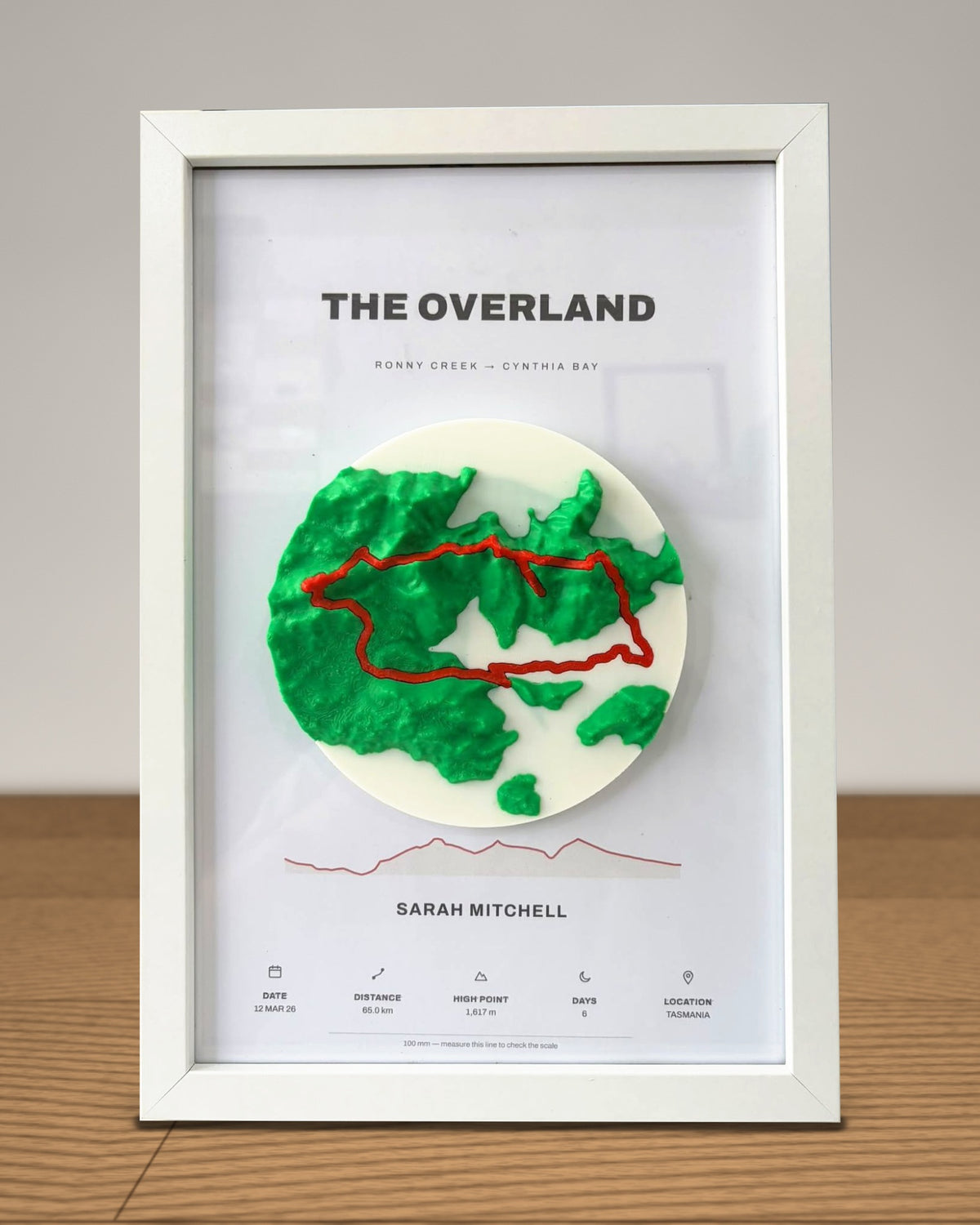 The Overland sample: a white frame with a 3D printed terrain disc in green and white, the route raised in red, standing on a timber shelf